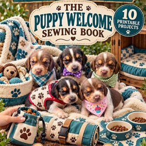 Könnte beinhalten: Ein digitales Cover für A&B Family Beagles The Puppy Welcome Sewing Book mit 10 druckbaren Projekten. Das Bild zeigt fünf Beagle-Welpen mit bunten Halstüchern und einer Weste, umgeben von Nähprojekten wie einem Leckerlibeutel und einer Matte.