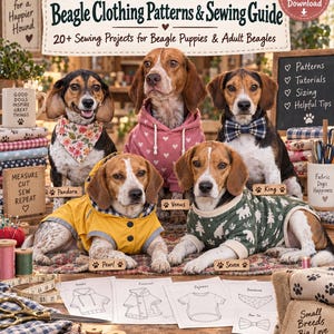 May include: A digital sewing guide titled Beagle Clothing Patterns & Sewing Guide featuring 20+ projects for puppies and adults. The image displays five beagles wearing handmade clothing including a hoodie, raincoat, pyjamas, and bandanas.