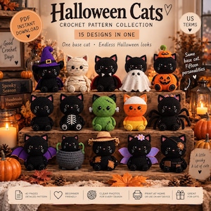 May include: A crochet pattern collection titled Halloween Cats featuring 15 designs of small stuffed cats in various costumes including a witch, mummy, vampire, ghost, pumpkin, skeleton, Frankenstein, candy corn, spider, bat, and pirate.