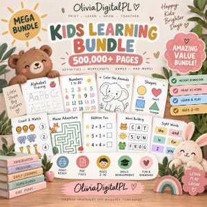 Pode incluir: Um pacote de aprendizagem digital para crianças com mais de 500.000 páginas de atividades, fichas de trabalho e jogos. O gráfico inclui texto como Kids Learning Bundle, Alphabet Tracing, Numbers 1 to 20, Color the Animals e Word Building.