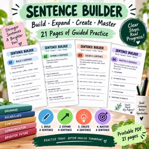 Peut inclure: Un ensemble de 21 pages d'exercices guidés intitulés Sentence Builder, comprenant quatre sections : Build a Sentence, Expand a Sentence, Create a Sentence et Master a Sentence. Les pages incluent des exercices de grammaire et de vocabulaire.