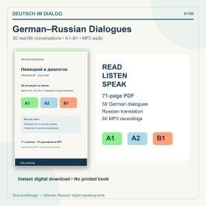 Könnte beinhalten: Ein digitaler Sprachlernleitfaden mit dem Titel German-Russian Dialogues mit 50 realen Konversationen. Das 71-seitige PDF enthält die Niveaustufen A1, A2 und B1, russische Übersetzungen und 50 MP3-Audiodateien zum Üben.