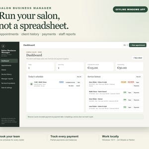 Puede incluir: Una interfaz de software titulada Salon Business Manager que muestra un panel con pestañas para citas, historial de clientes, pagos e informes. La pantalla presenta un horario y datos financieros para un negocio de salón de belleza.