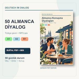 May include: A digital educational book cover titled Deutsch im Dialog, featuring an illustration of two people sitting at an outdoor cafe table with coffee and a croissant, with a city skyline and cathedral in the background.