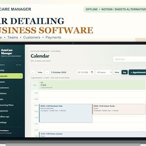 Op de afbeelding: Een laptopscherm met de interface van de Autocare Manager software voor autodetailingbedrijven. Het dashboard toont een kalenderoverzicht met afspraken, een donker navigatiemenu aan de zijkant en diverse tekstkoppen.