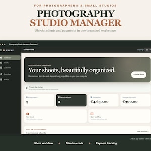 Peut inclure: Une interface de tableau de bord numérique intitulée Photography Studio Manager pour photographes et petits studios. L'écran affiche une barre latérale sombre avec des icônes de navigation et une zone principale montrant des données.