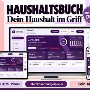 May include: A digital household budget planner displayed on a computer monitor, tablet, and smartphone. The interface features dark purple themes with financial data, charts, and the text HAUSHALTSBUCH, Dein Haushalt im Griff, and KOSTENLOSE DEMO.