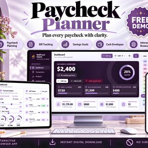 Könnte beinhalten: Eine digitale Gehaltsplaner-Oberfläche auf einem Computermonitor, Tablet und Smartphone. Die Bildschirme zeigen Finanz-Dashboards mit violetten Akzenten, einschließlich Rechnungsverfolgung, Sparzielen und Umschlagfunktionen.