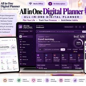 May include: A digital planner interface displayed on a laptop, tablet, and smartphone. The dark purple theme features dashboards for task management, budget tracking, habit monitoring, and goal setting with text including All in One Digital Planner.