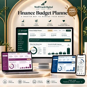 May include: A WellTrackDigital Finance Budget Planner displayed on a desktop monitor, laptop, tablet, and smartphone. The screens show financial dashboards with charts, graphs, and data tables in green, purple, and blue color themes.