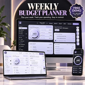 May include: A digital weekly budget planner displayed on a desktop monitor, a laptop, and a smartphone. The interface features dark mode with purple accents, showing financial data, spending trackers, and a circular progress chart for daily expenses.