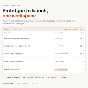 Notion-Vorlage für Indie-Spieleentwicklung | Steam-Launch-Checkliste, Meilensteine, Bug-Tracker (Digitaler Download)
