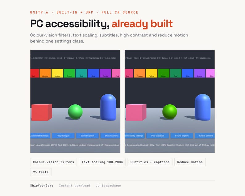 Unity 6 PC Accessibility Kit: Colorblind Filters, Text Scaling, Subtitles (C# Source) image 1