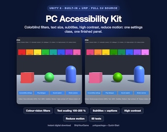 Unity Accessibility Kit: Farbblindfilter, Textgrößenanpassung, Untertitel und Beschriftungen, Hoher Kontrast, Bewegungsreduzierung, Einstellungsfeld (C#)