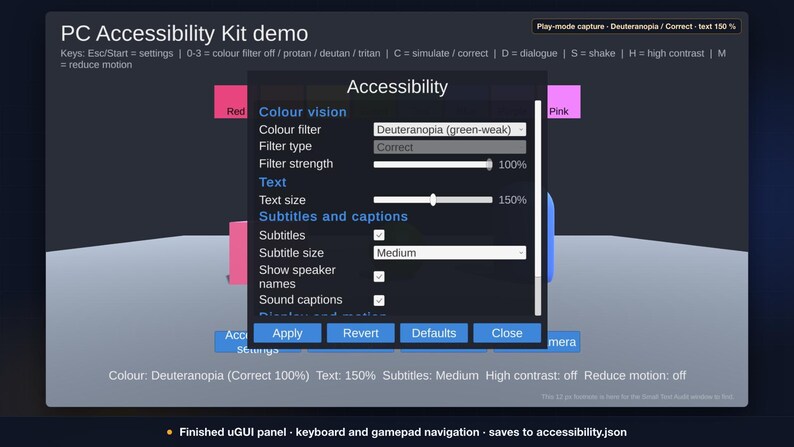Unity 6 PC Accessibility Kit: Colorblind Filters, Text Scaling, Subtitles (C# Source) image 2