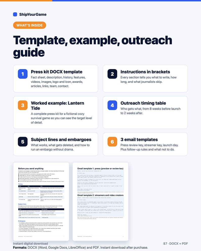 Game Press Kit Template | Word DOCX, Example PDF, Outreach Guide (Digital Download) image 2