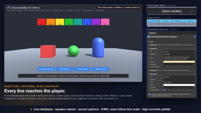 Unity 6 PC Accessibility Kit: Colorblind Filters, Text Scaling, Subtitles (C# Source) image 5
