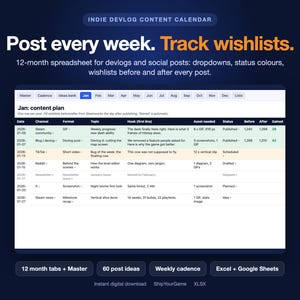 Indie Devlog Content Calendar | 12-Month Spreadsheet, 60 Post Ideas (Digital Download) image 1