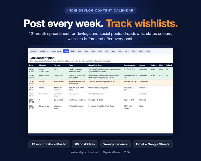 Indie Devlog Content Calendar | 12-Month Spreadsheet, 60 Post Ideas (Digital Download) image 1