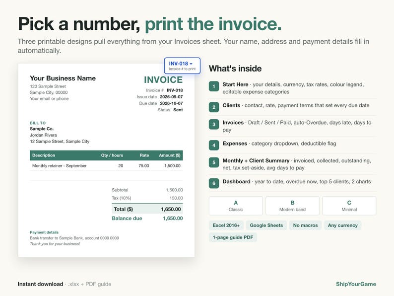Freelancer Invoice Tracker Spreadsheet | Client, Expense, Tax Set-Aside (Excel, Google Sheets) image 3