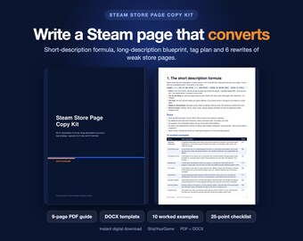 Steam-Shopseite-Vorlage | Formel für kurze Beschreibungen, Tag-Strategie, 6 Überarbeitungen | PDF- und Word-Vorlage