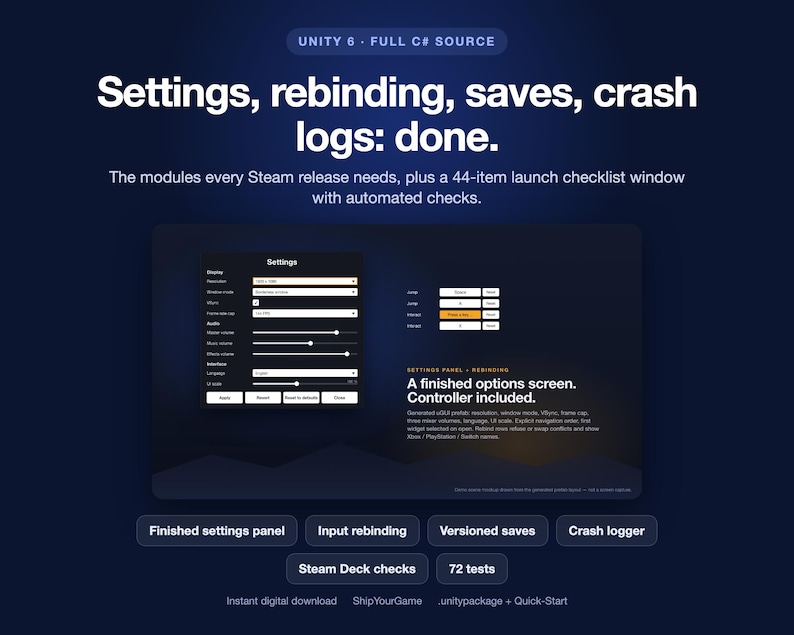 Unity Steam Launch Kit: Einstellungen, Eingabe, Speichern, Absturzprotokollierung (C#) Bild 1