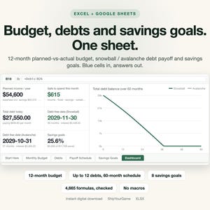 Budget Spreadsheet & Debt Payoff Tracker | Monthly Budget Planner, Debt Snowball Avalanche Calculator, Savings Goals | Excel Google Sheets image 1