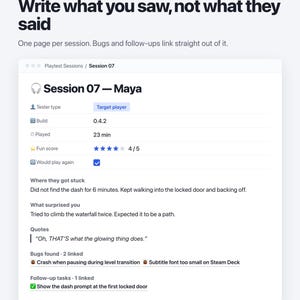 Pu&ograve; includere: Un documento di interfaccia digitale intitolato Playtest Sessions con il testo Write what you saw, not what they said. Mostra la Sessione 07 per Maya, incluso lo stato di giocatore target, build 0.4.2, 23 minuti giocati, punteggio 4/5 e feedback.