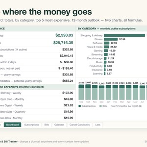 Subscription Bill Tracker Spreadsheet | Monthly Budget Dashboard (Excel/Google Sheets) image 2