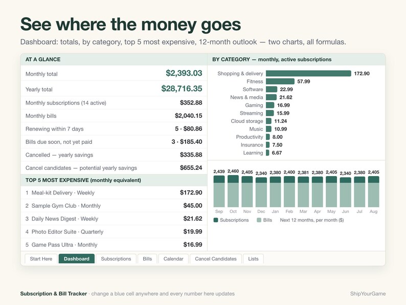 Subscription Bill Tracker Spreadsheet | Monthly Budget Dashboard (Excel/Google Sheets) image 2