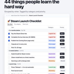 Steam-lanceringchecklist (Notion-sjabloon) | 44-stappenplan voor de release van een indiegame (digitale download) afbeelding 3