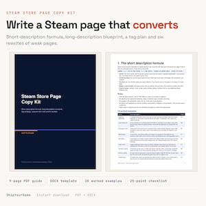 Kit de redacción de páginas de la tienda de Steam / Fórmula de descripción breve, estrategia de etiquetas, 6 reescrituras / Plantilla PDF+Word imagen 1