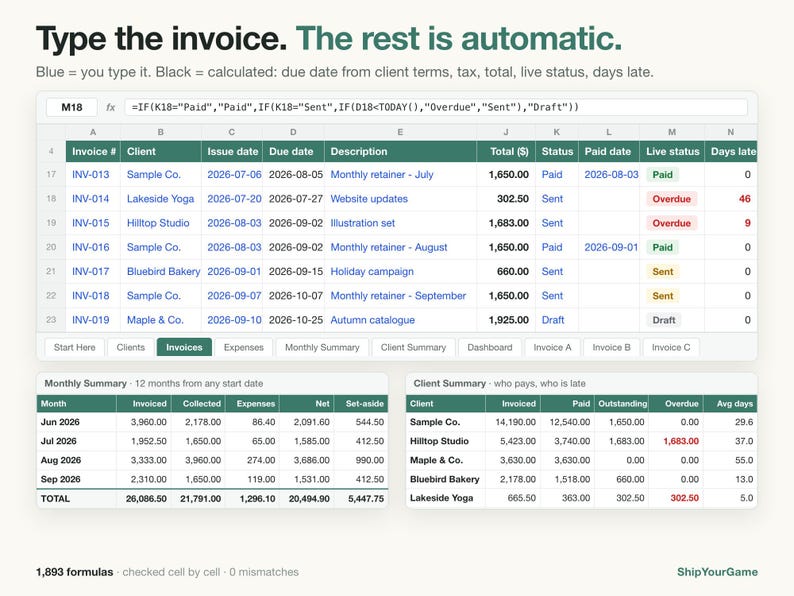 Freelancer Invoice Tracker Spreadsheet | Client, Expense, Tax Set-Aside (Excel, Google Sheets) image 2