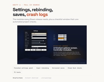 Unity Steam Launch Kit: Impostazioni, Input, Salvataggi, Registrazione degli arresti anomali (C#)