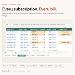 Subscription Bill Tracker Spreadsheet | Monthly Budget Dashboard (Excel/Google Sheets) image 1