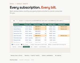 Foglio di calcolo per il monitoraggio delle spese di abbonamento / Dashboard del budget mensile (Excel/Fogli Google)