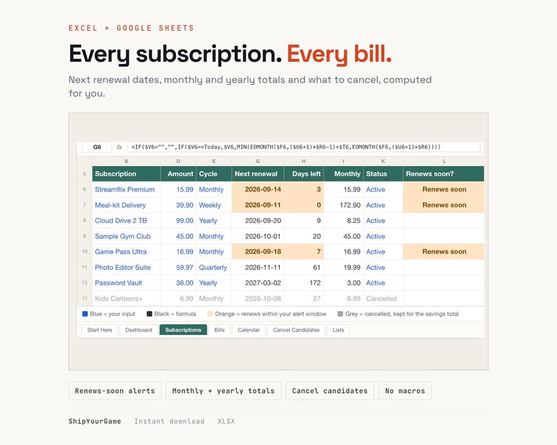 Subscription Bill Tracker Spreadsheet | Monthly Budget Dashboard (Excel/Google Sheets) image 1