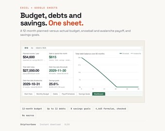 Budget & Debt Payoff Tracker | Monthly Planner, Savings Goals (Excel/Google Sheets)