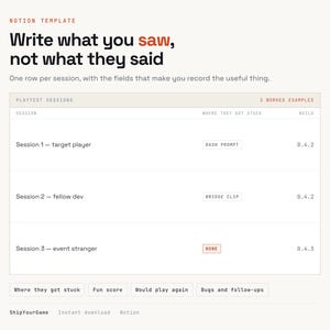 Notage-Vorlage für ein Spieltestprotokoll | Sitzungsverfolgung, Fehlernotizen, Spaßwertung (Digitaler Download)