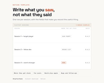 Game Playtest Log Notion Template | Session Tracker, Bug Notes, Fun Score (Digital Download)