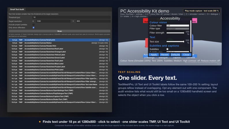 Unity 6 PC Accessibility Kit: Colorblind Filters, Text Scaling, Subtitles (C# Source) image 4