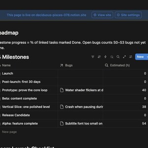 Indie Game Dev Notion Template | Steam Launch Checklist, Milestones, Bug Tracker (Digital Download) image 10
