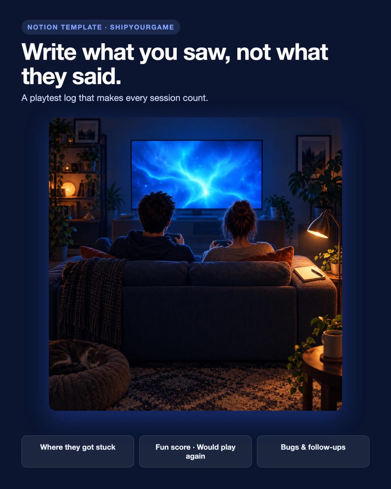 Pu&ograve; includere: Un modello Notion intitolato ShipYourGame con il testo Write what you saw, not what they said. A playtest log that makes every session count. Sotto, due persone sedute su un divano giocano a un videogioco su un grande schermo con luce blu.