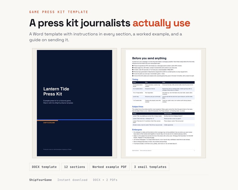 Game Press Kit Template | Word DOCX, Example PDF, Outreach Guide (Digital Download) image 1