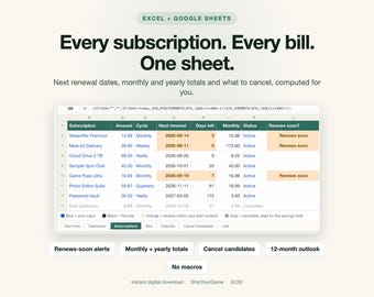 Subscription Tracker and Bill Tracker Spreadsheet | Monthly Bills Planner with Renewal Dates & Budget Dashboard | Excel Google Sheets