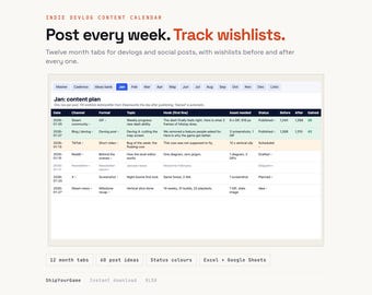 Calendario de contenido para blogs de desarrollo independiente / Hoja de cálculo de 12 meses, 60 ideas para publicaciones (descarga digital)