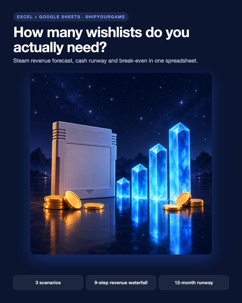 May include: A digital graphic featuring a grey video game cartridge, gold coins, and four glowing blue crystal pillars of increasing height. Text reads: EXCEL + GOOGLE SHEETS, How many wishlists do you actually need? Steam revenue forecast, cash runway and break-even in one spreadsheet, 3 scenarios, 9-step revenue waterfall, 12-month runway.