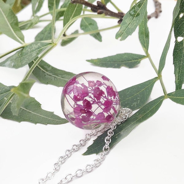 purple necklace, resin jewelry, real flower necklace, christmas gift ideas for her, nature jewelry, orb necklace, unique gifts for mom