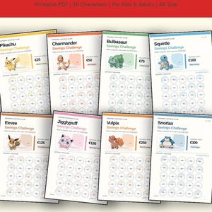 Peut inclure: Un ensemble de huit feuilles de défi d'épargne Pokemon au format A6 avec des personnages comme Pikachu, Salamèche, Bulbizarre, Carapuce, Évoli, Rondoudou, Goupix et Ronflex. Chaque feuille inclut un suivi de dépôt avec des cercles à colorier.