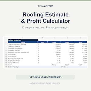 Op de afbeelding: Een digitaal Roofing Estimate & Profit Calculator spreadsheet van Reid Systems. Het document bevat een pakketvergelijkingstabel met kolommen voor Good, Better en Best opties, met statistieken zoals werkkosten, prijzen en brutowinstmarges.